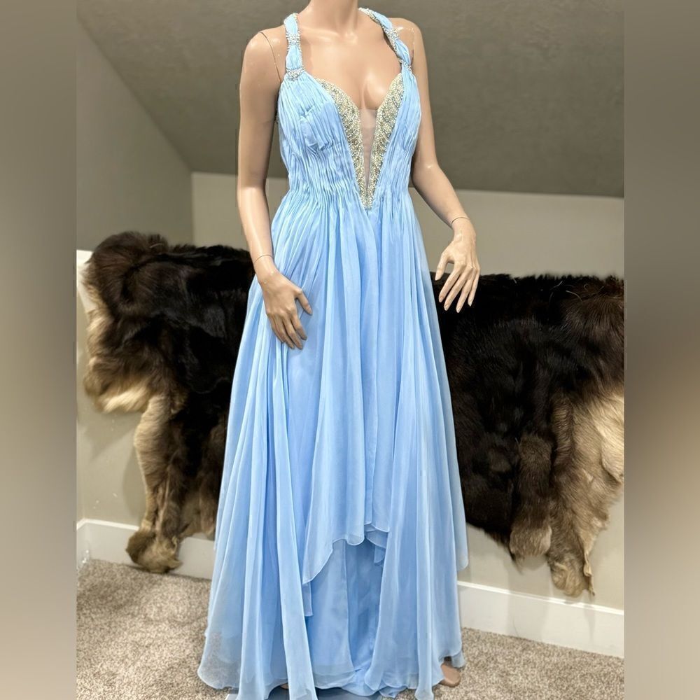 New Gorgeous Light Blue Beaded Chiffon Gown With Shawl - Picture 8 of 16
